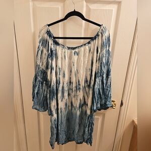 Off-the-shoulder long sleeves dress tie dye blue & white boho hippie xl oversize